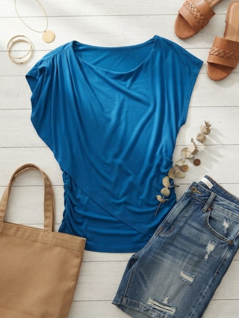Logix Blue Ruched Draped Asymmetric Top